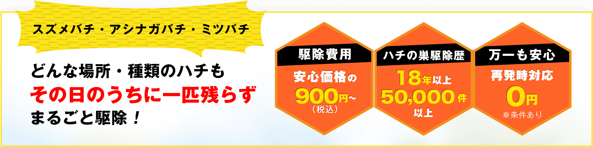 スズメバチ・アシナガバチ・ミツバチ どんな場所・種類のハチでもその日のうちに一匹残らずまるごと駆除！