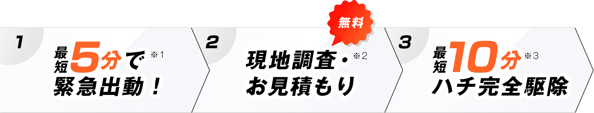 ①最短5分で緊急出動！※1 ②現地調査・お見積もり（無料）※2 ③最短10分ハチ完全駆除 ※3